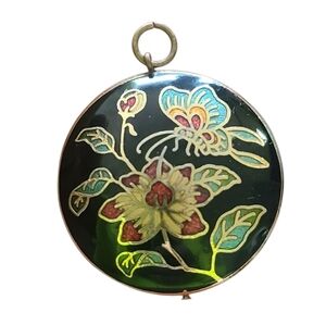 Floral Enamel Pendant, Cloisonne With Butterfly On Black